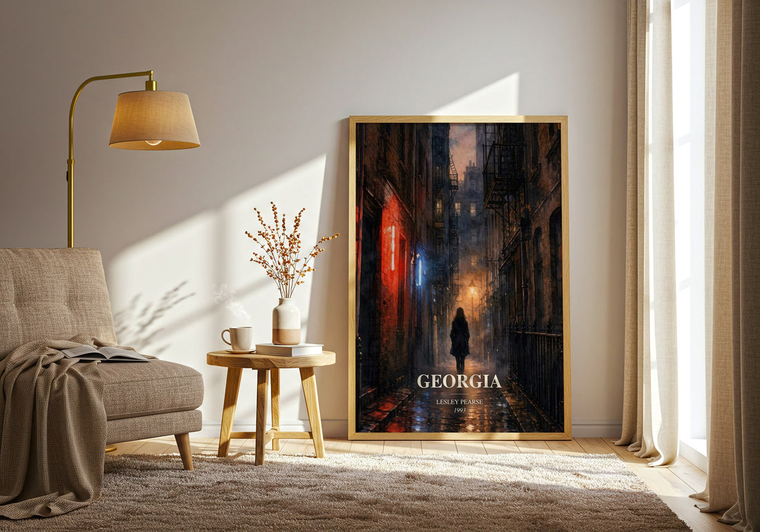 Georgia watercolour print in frame leaning in hallway – contemporary fiction wall art (mockup)