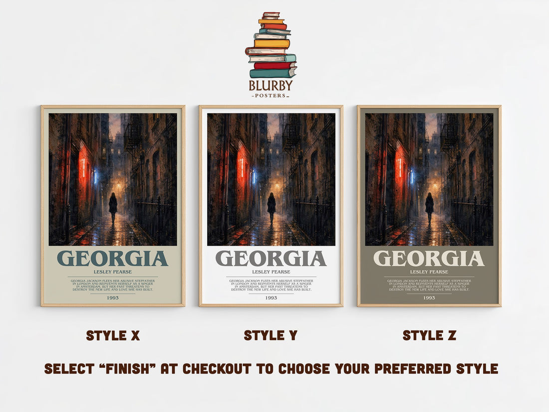 Georgia bookish print in frame leaning in hallway – contemporary fiction wall art (mockup)