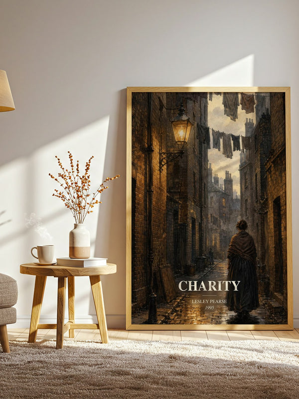 Charity watercolour print in frame leaning in hallway – contemporary fiction wall art