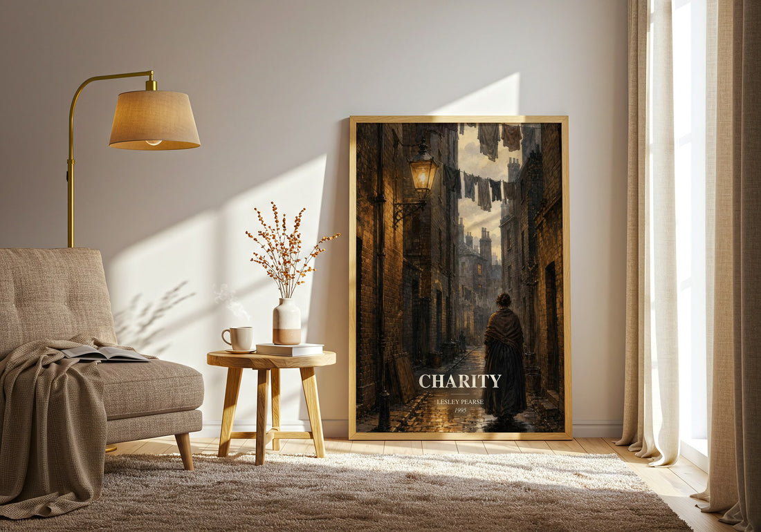 Charity watercolour print in frame leaning in hallway – contemporary fiction wall art (mockup)