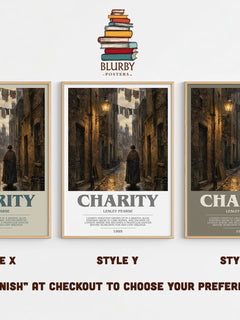 Charity bookish print in frame leaning in hallway – contemporary fiction wall art