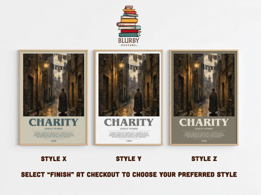 Charity bookish print in frame leaning in hallway – contemporary fiction wall art (mockup)