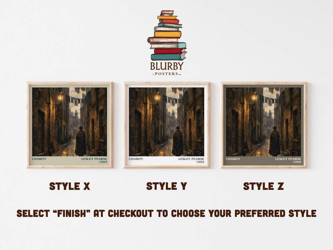 Charity literary print in frame leaning in hallway – contemporary fiction wall art (mockup)