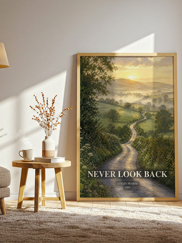 Never Look Back watercolour print in frame leaning in hallway – historical fiction wall art