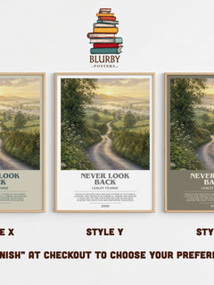 Never Look Back bookish print in frame leaning in hallway – historical fiction wall art