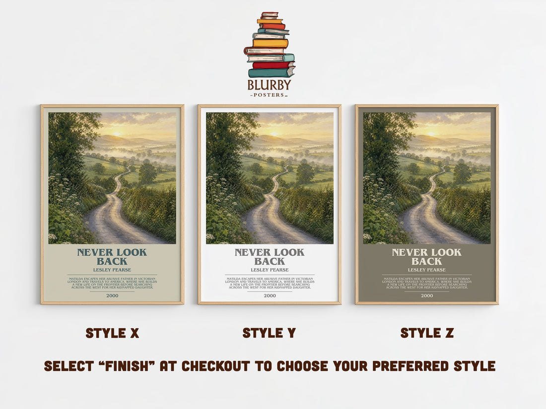 Never Look Back bookish print in frame leaning in hallway – historical fiction wall art (mockup)
