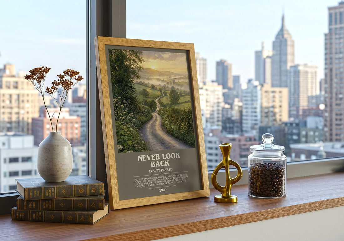 Never Look Back bookish print framed by window – literary home decor