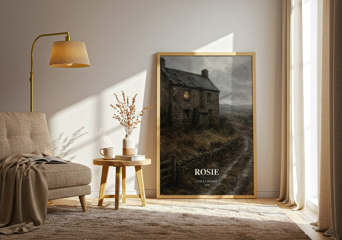 Rosie watercolour print in frame leaning in hallway – historical fiction wall art (mockup)