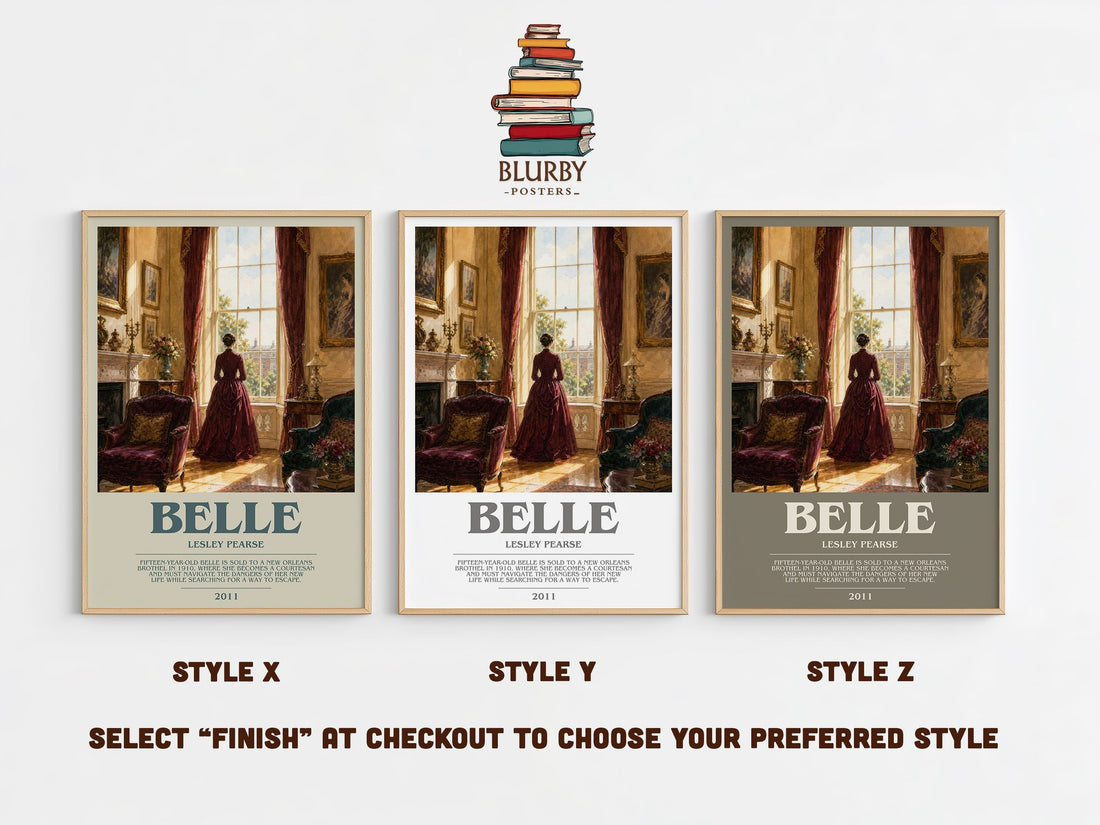 Belle bookish print in frame leaning in hallway – historical fiction wall art (mockup)