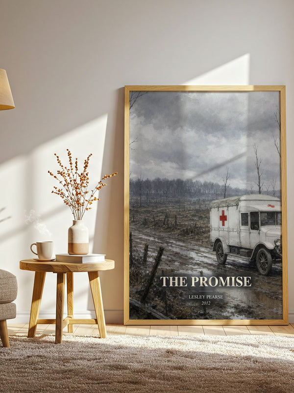 The Promise watercolour print in frame leaning in hallway – historical fiction wall art