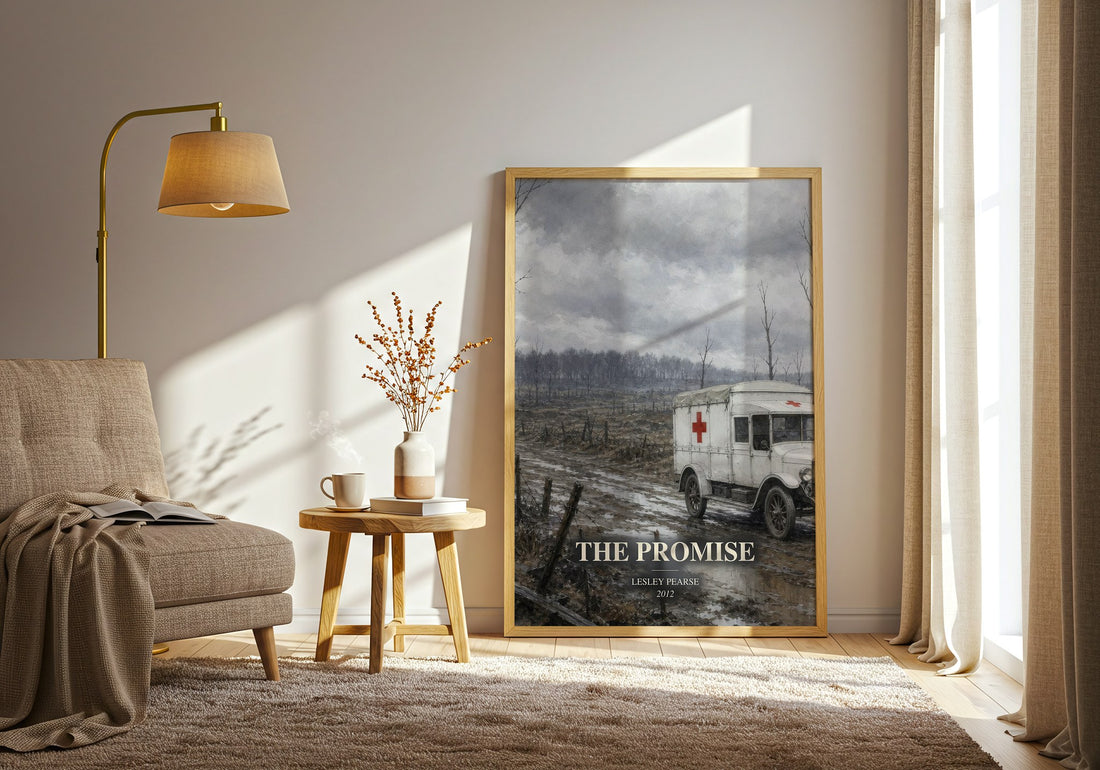 The Promise watercolour print in frame leaning in hallway – historical fiction wall art (mockup)
