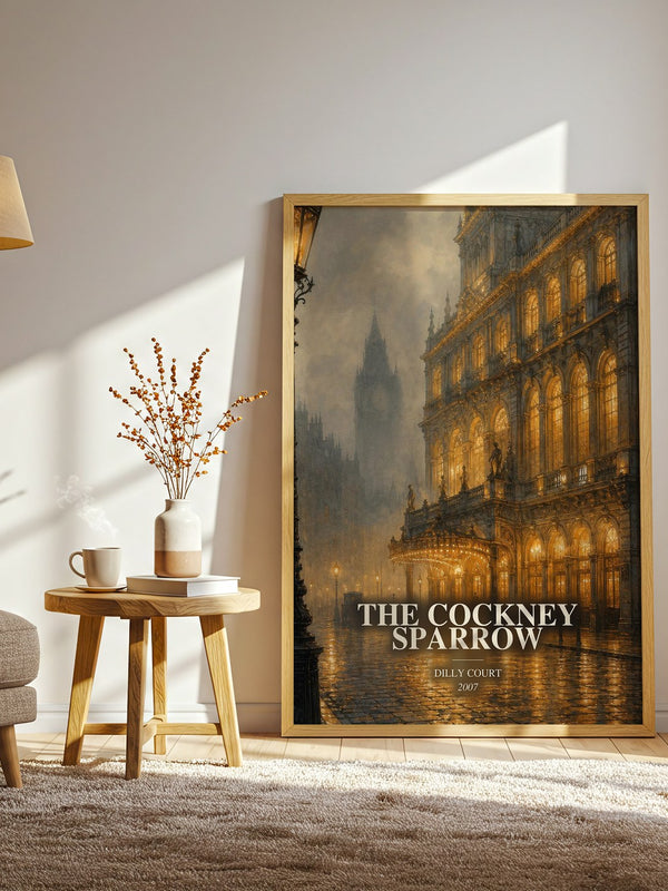 The Cockney Sparrow watercolour print in frame leaning in hallway – historical fiction wall art