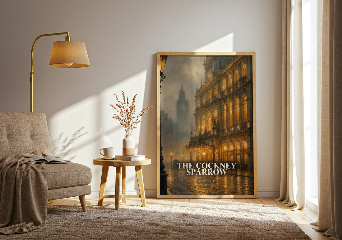The Cockney Sparrow watercolour print in frame leaning in hallway – historical fiction wall art (mockup)