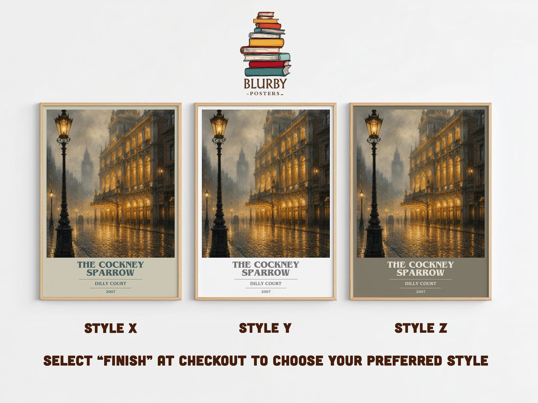 The Cockney Sparrow book cover print in frame leaning in hallway – historical fiction wall art (mockup)