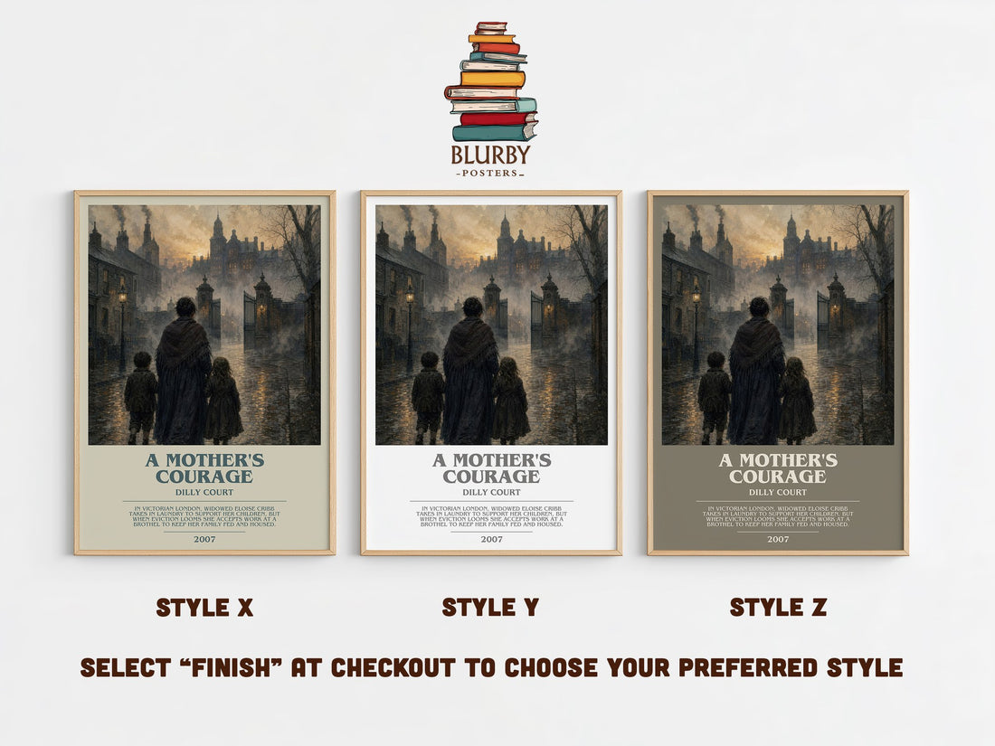 A Mother's Courage bookish print in frame leaning in hallway – historical fiction wall art (mockup)