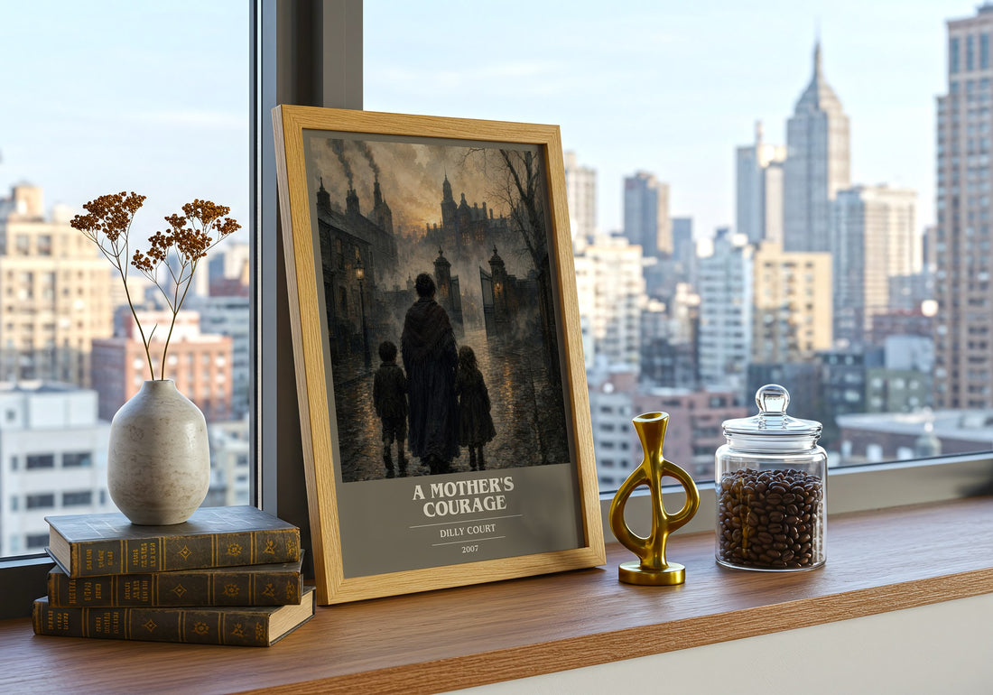 A Mother's Courage book cover print framed by window – literary home decor