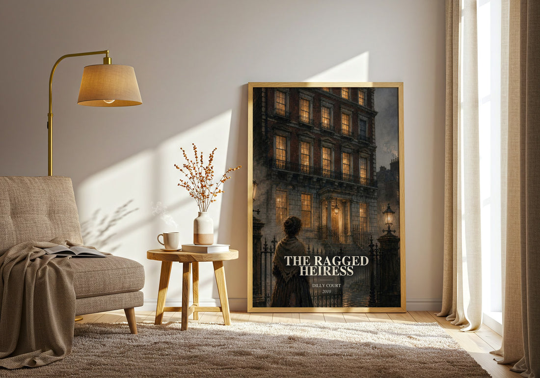 The Ragged Heiress watercolour print in frame leaning in hallway – historical fiction wall art (mockup)