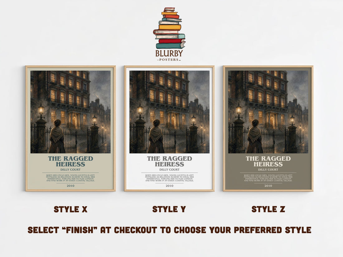 The Ragged Heiress bookish print in frame leaning in hallway – historical fiction wall art (mockup)