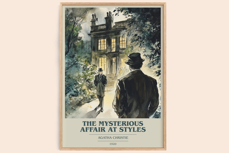 The Mysterious Affair At Styles book cover print in frame leaning in hallway – mystery wall art