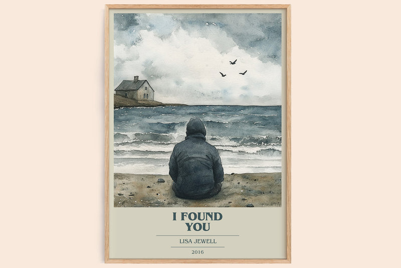 I Found You book cover print in frame leaning in hallway – contemporary fiction wall art
