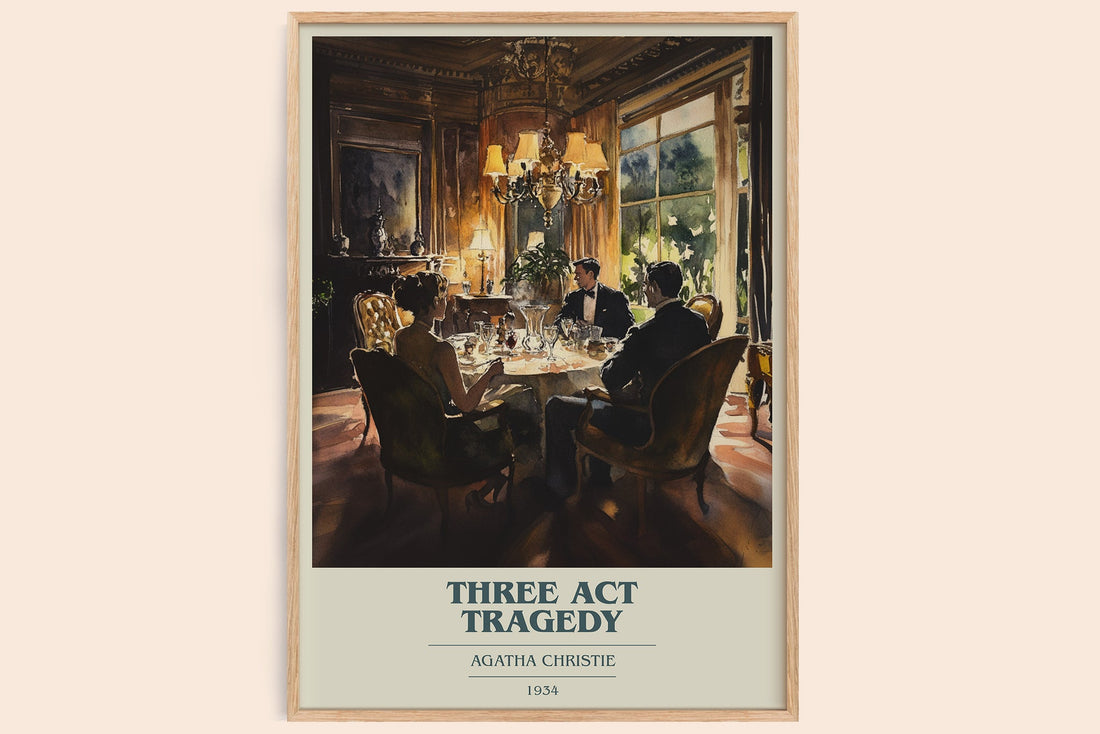 Three Act Tragedy book cover print in frame leaning in hallway – mystery wall art (mockup)