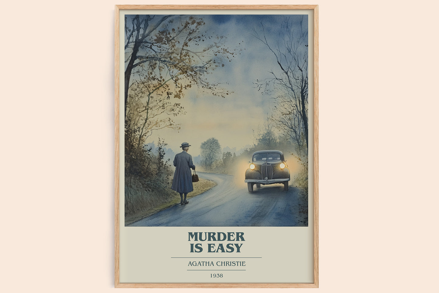 Murder Is Easy book cover print in frame leaning in hallway – mystery wall art