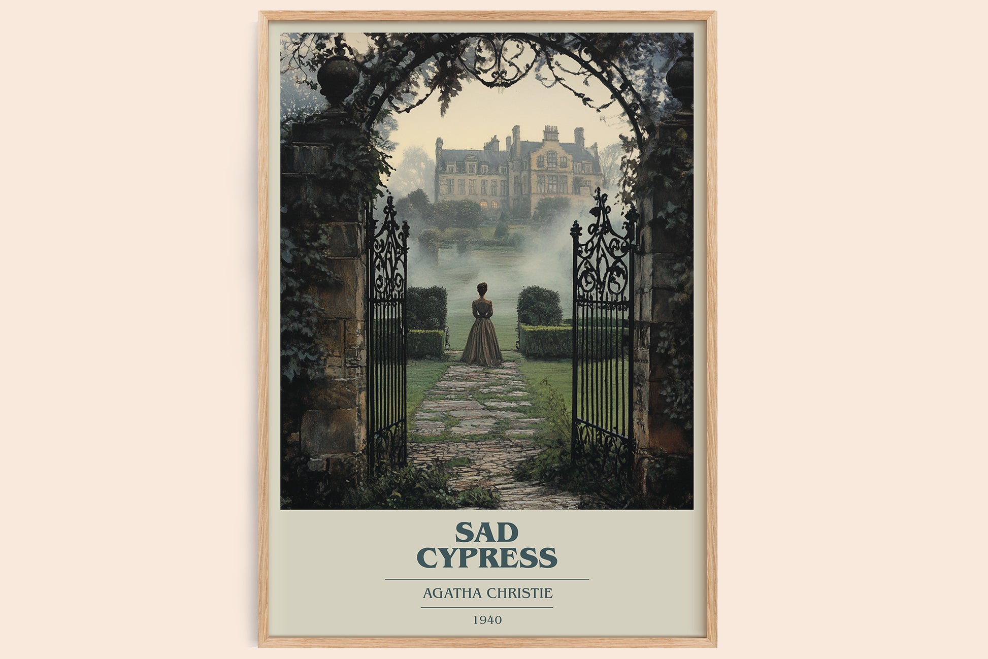 Sad Cypress book cover print in frame leaning in hallway – mystery wall art