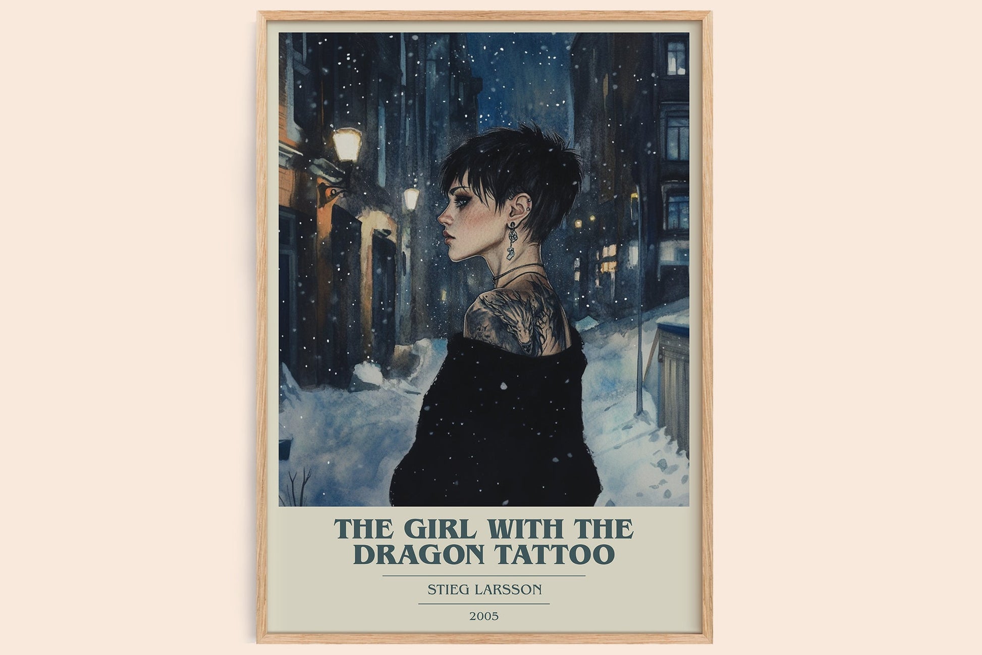 The Girl with the Dragon Tattoo book cover print in frame leaning in hallway – crime wall art