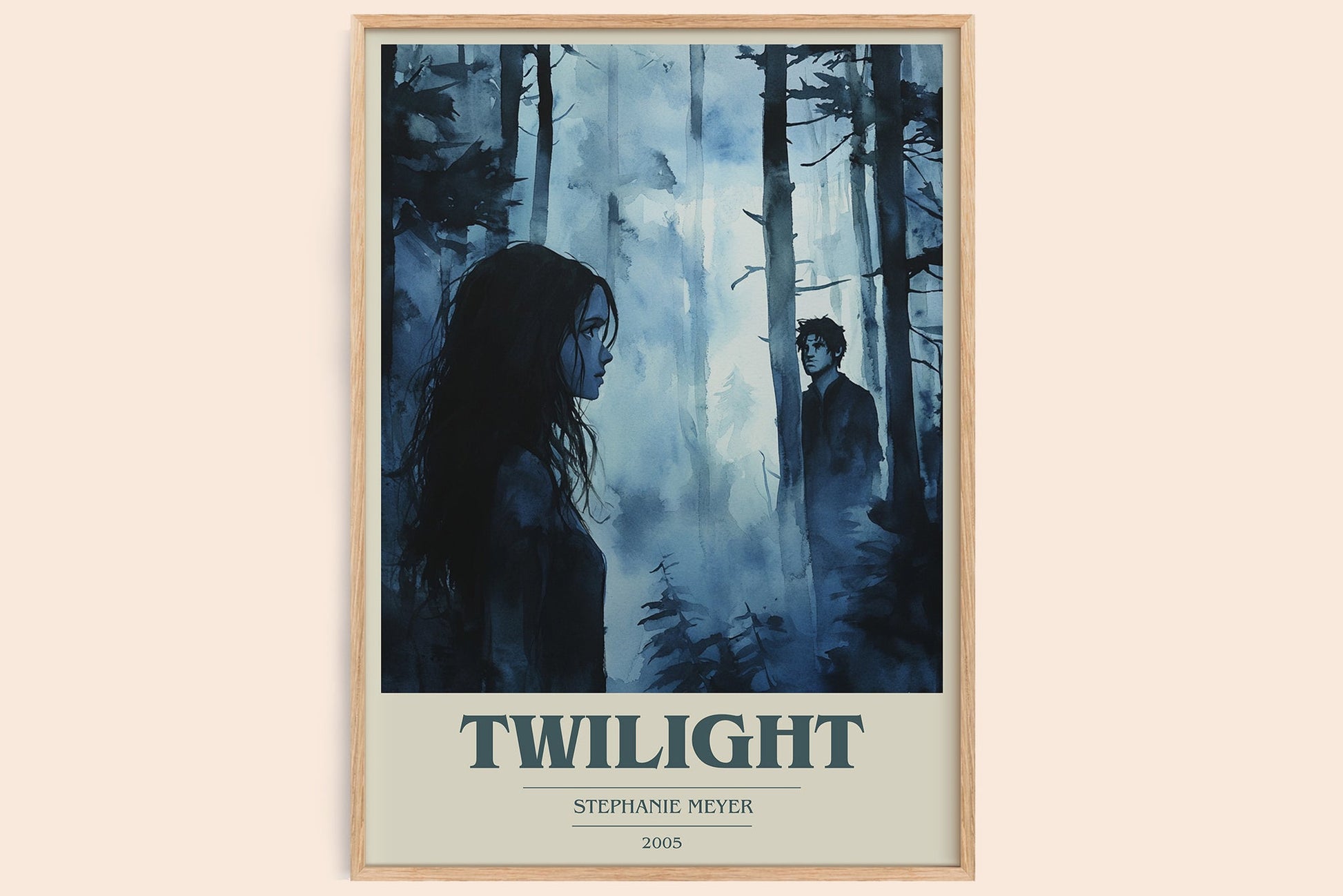 Twilight book cover print in frame leaning in hallway – young adult wall art