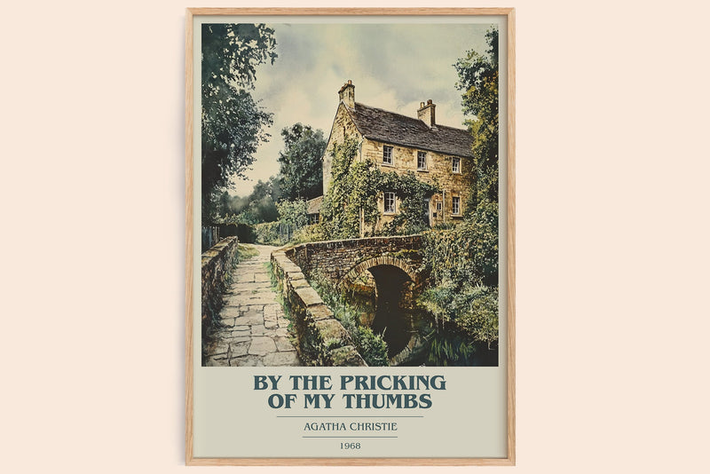 By the Pricking of My Thumbs book cover print in frame leaning in hallway – mystery wall art
