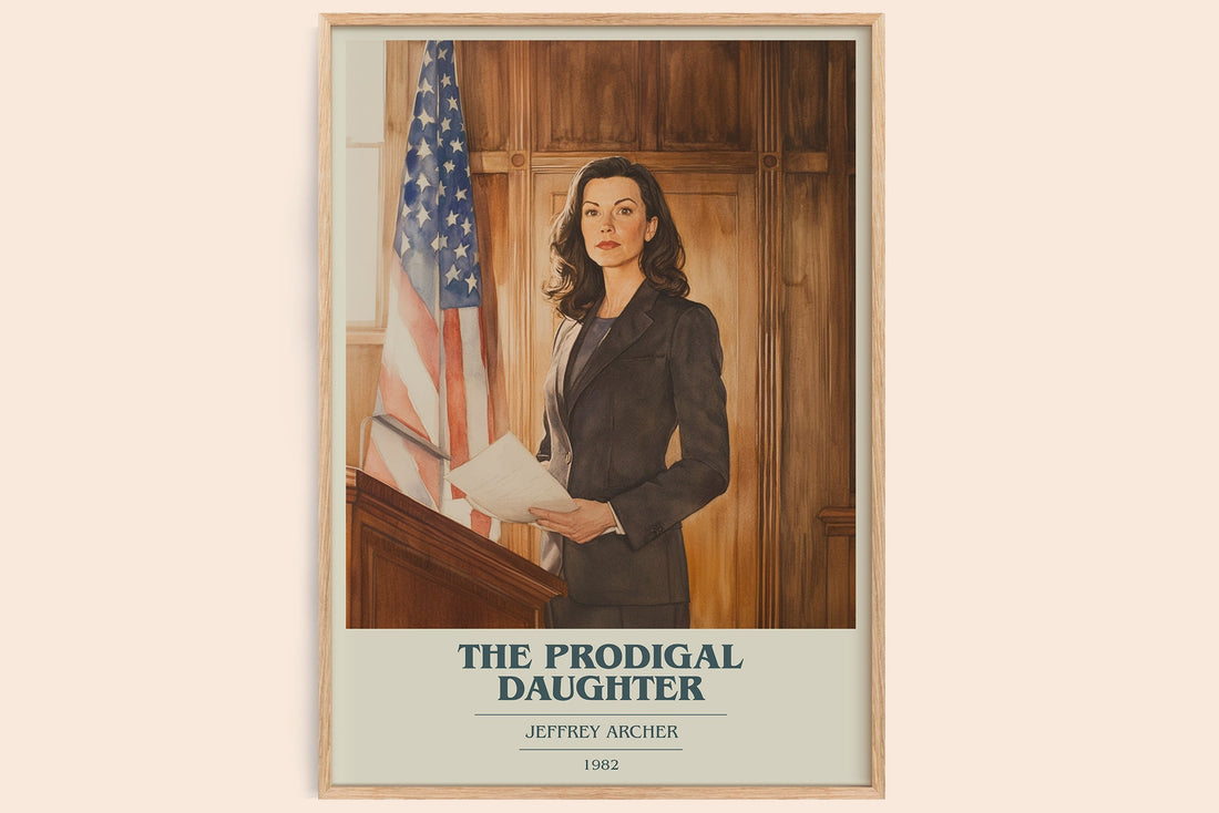 The Prodigal Daughter book cover print in frame leaning in hallway – thriller wall art (mockup)