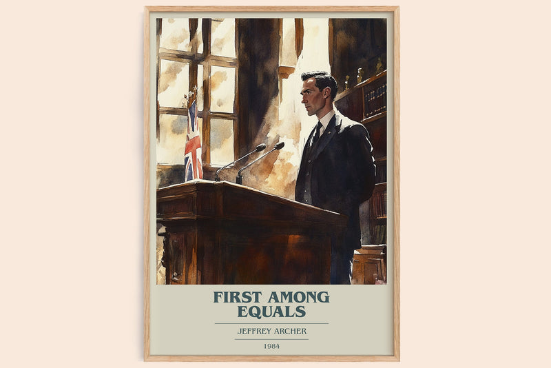 First Among Equals book cover print in frame leaning in hallway – contemporary fiction wall art