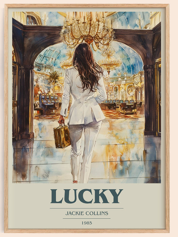 Lucky book cover book poster by Jackie Collins – framed literary art print