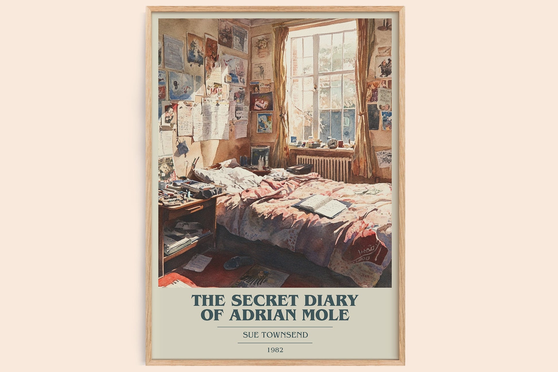 The Secret Diary Of Adrian Mole book cover print in frame leaning in hallway – coming of age wall art