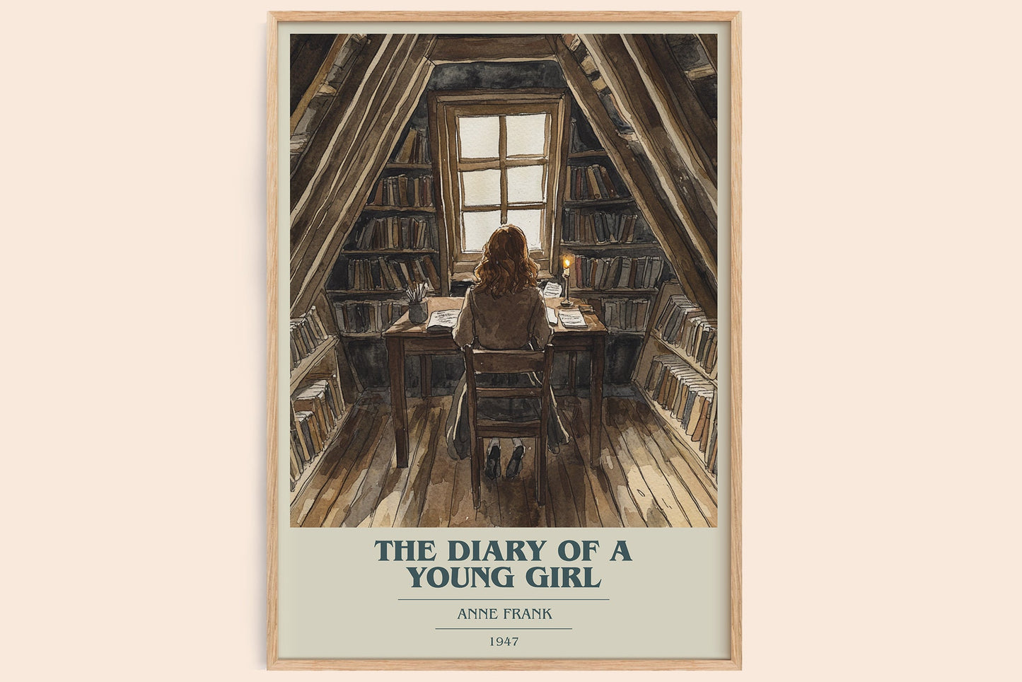 The Diary Of A Young Girl book cover book poster by Anne Frank – framed literary art print