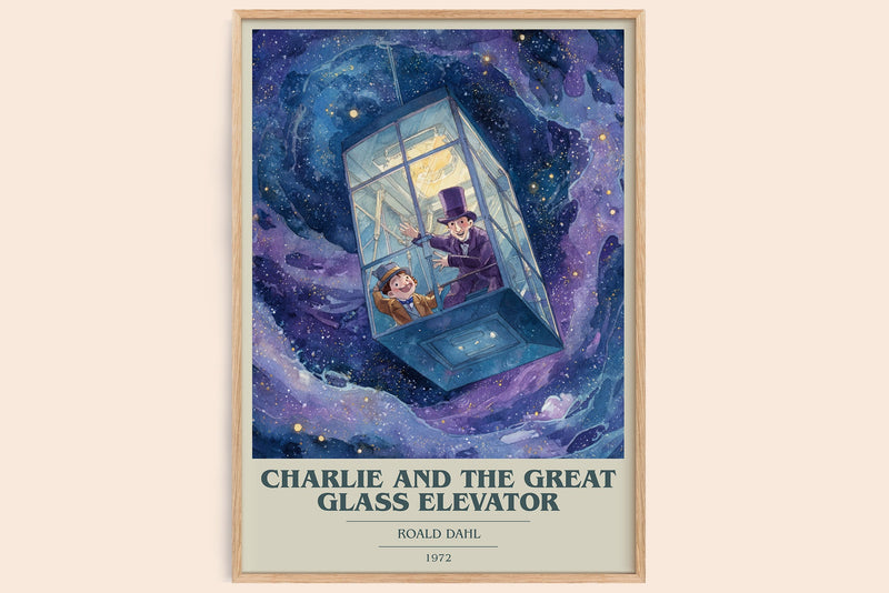 Charlie and the Great Glass Elevator book cover book poster by Roald Dahl – framed literary art print