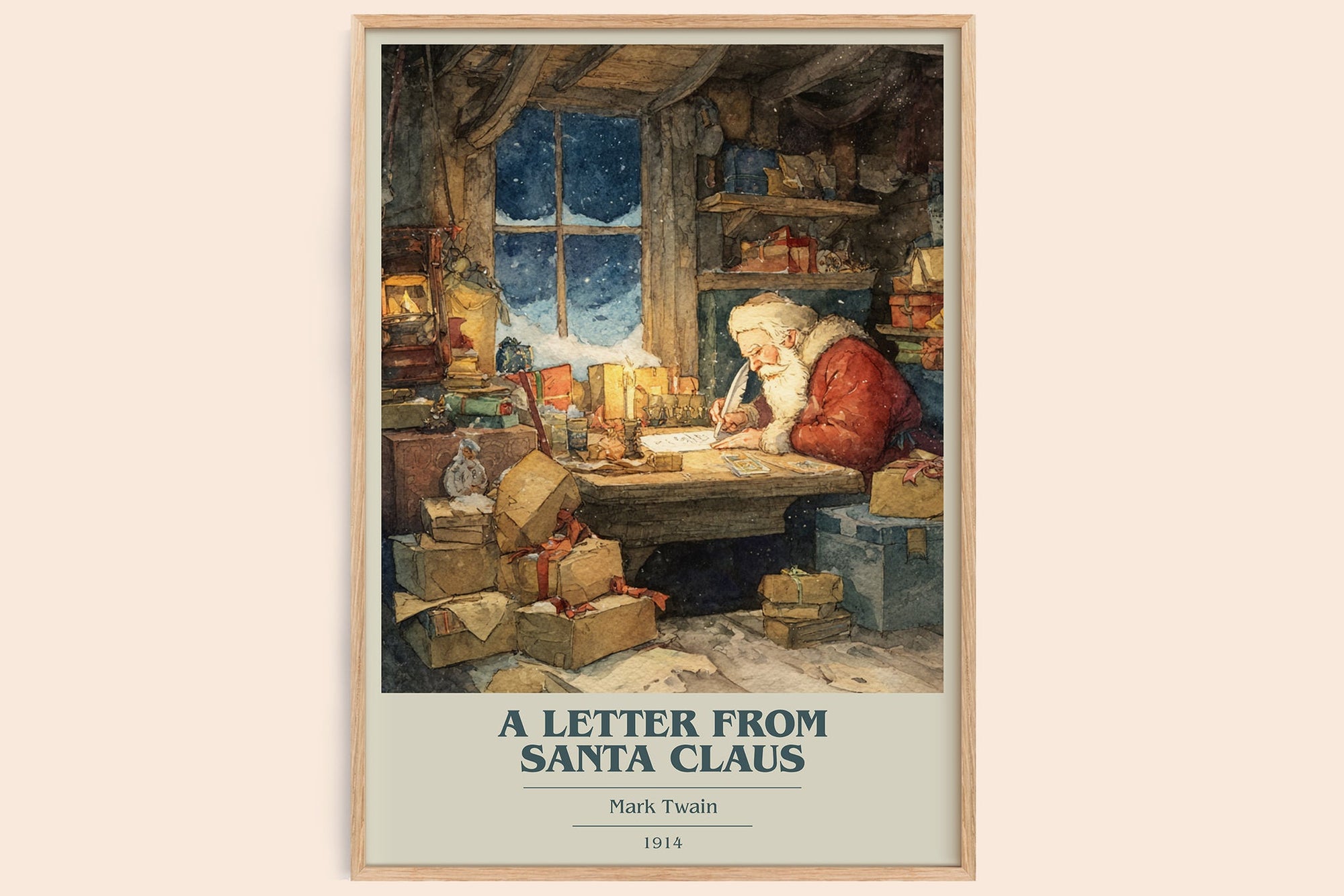 A Letter from Santa Claus book cover book poster by Mark Twain – framed literary art print