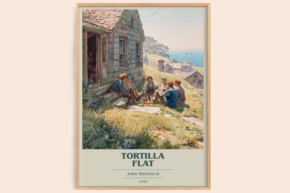 Tortilla Flat book cover print in frame leaning in hallway – classic literature wall art (mockup)
