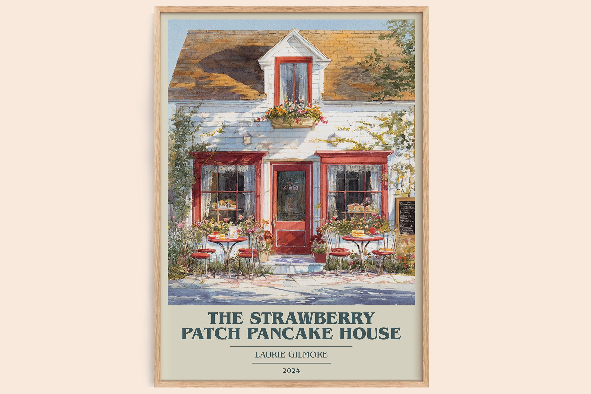 The Strawberry Patch Pancake House book cover print in frame leaning in hallway – romance wall art