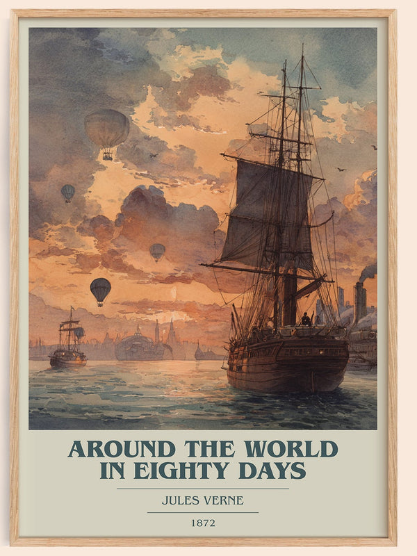 Around the World in Eighty Days book cover book poster by Jules Verne – framed literary art print