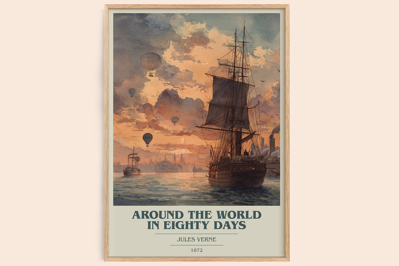 Around the World in Eighty Days book cover book poster by Jules Verne – framed literary art print