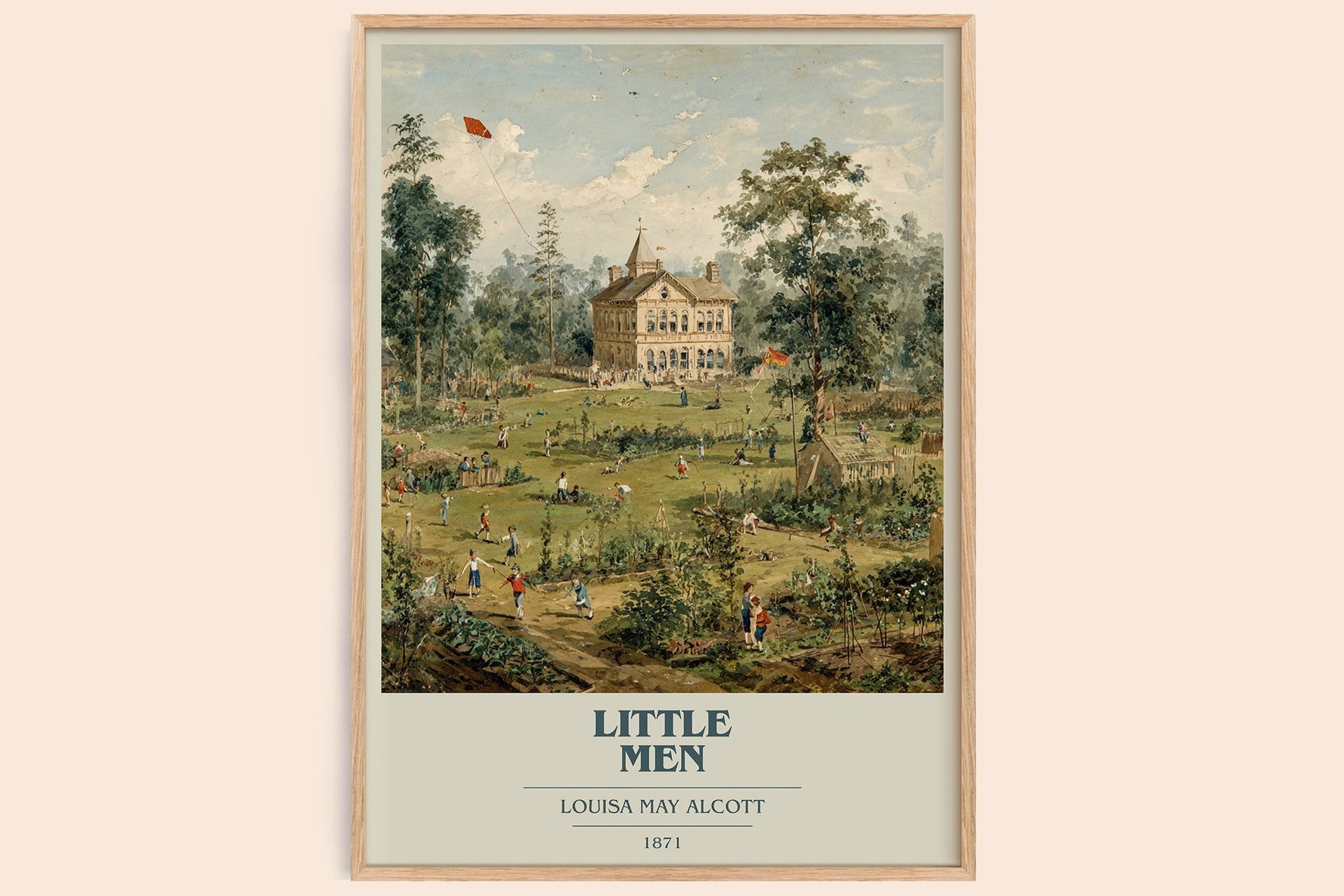 Little Men book cover print in frame leaning in hallway – classic literature wall art