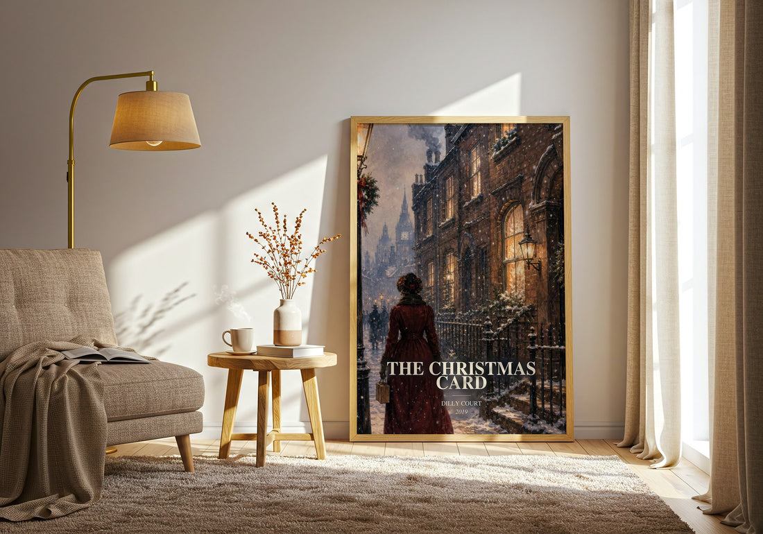 The Christmas Card watercolour print in frame leaning in hallway – historical fiction wall art (mockup)