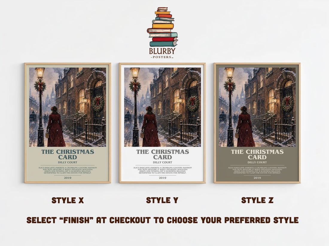 The Christmas Card bookish print in frame leaning in hallway – historical fiction wall art (mockup)