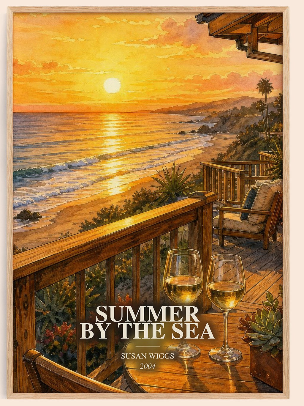 Summer by the Sea watercolour book poster by Susan Wiggs – framed literary art print