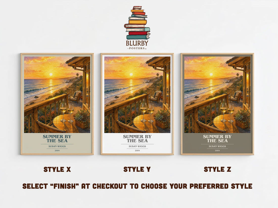 Summer by the Sea book cover print in frame leaning in hallway – romance wall art (mockup)