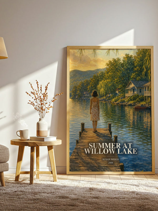 Summer at Willow Lake watercolour print in frame leaning in hallway – romance wall art