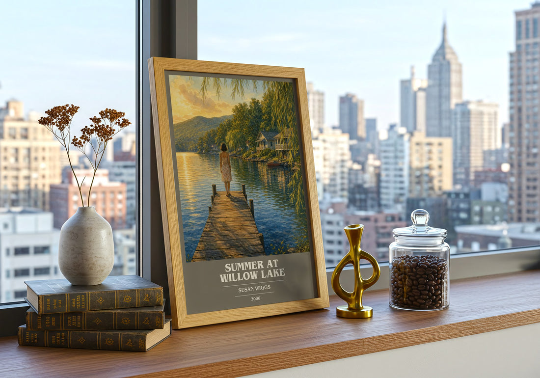 Summer at Willow Lake book cover print framed by window – literary home decor