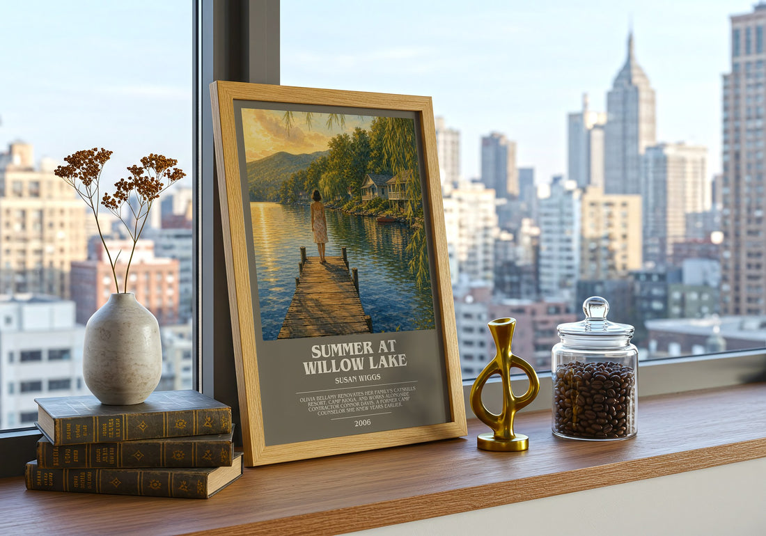 Summer at Willow Lake bookish print framed by window – literary home decor