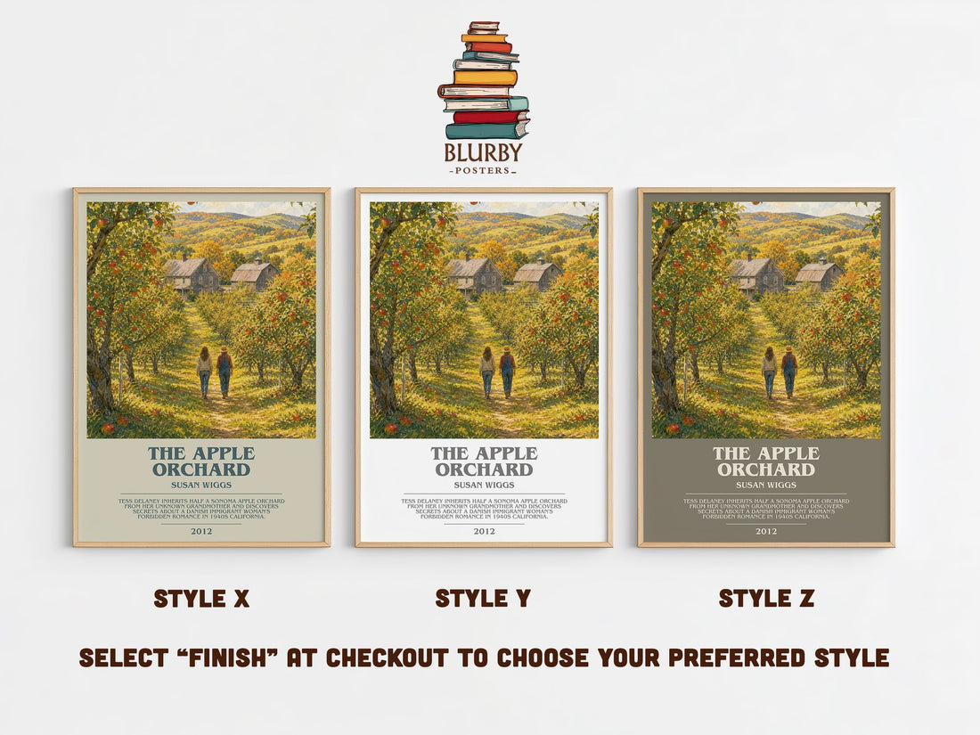 The Apple Orchard bookish print in frame leaning in hallway – romance wall art (mockup)